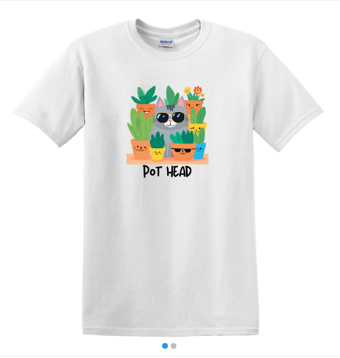 Flat lay of a white Pot Head shirt featuring a grey cat wearing sunglasses surrounded by planters with sunglasses and hidden cats.