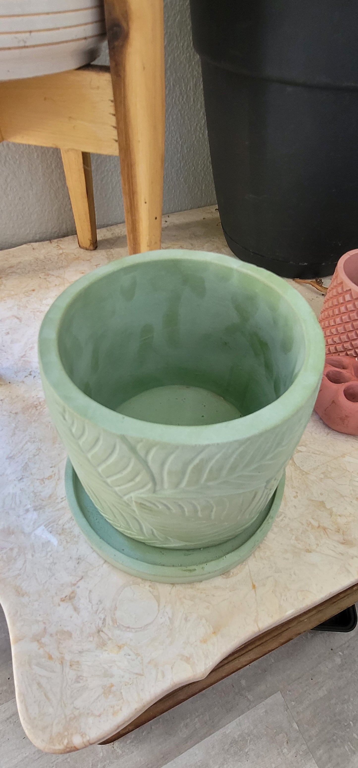 Tropical plant planter with drainage hole and tray